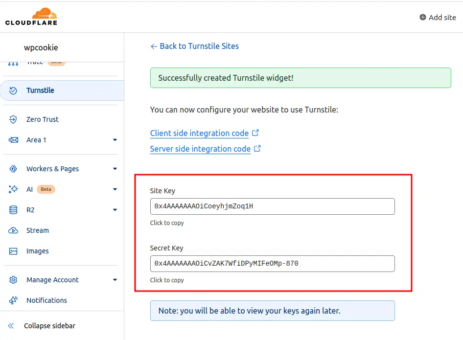 Cloudflare Turnstile Site Key Secret Key